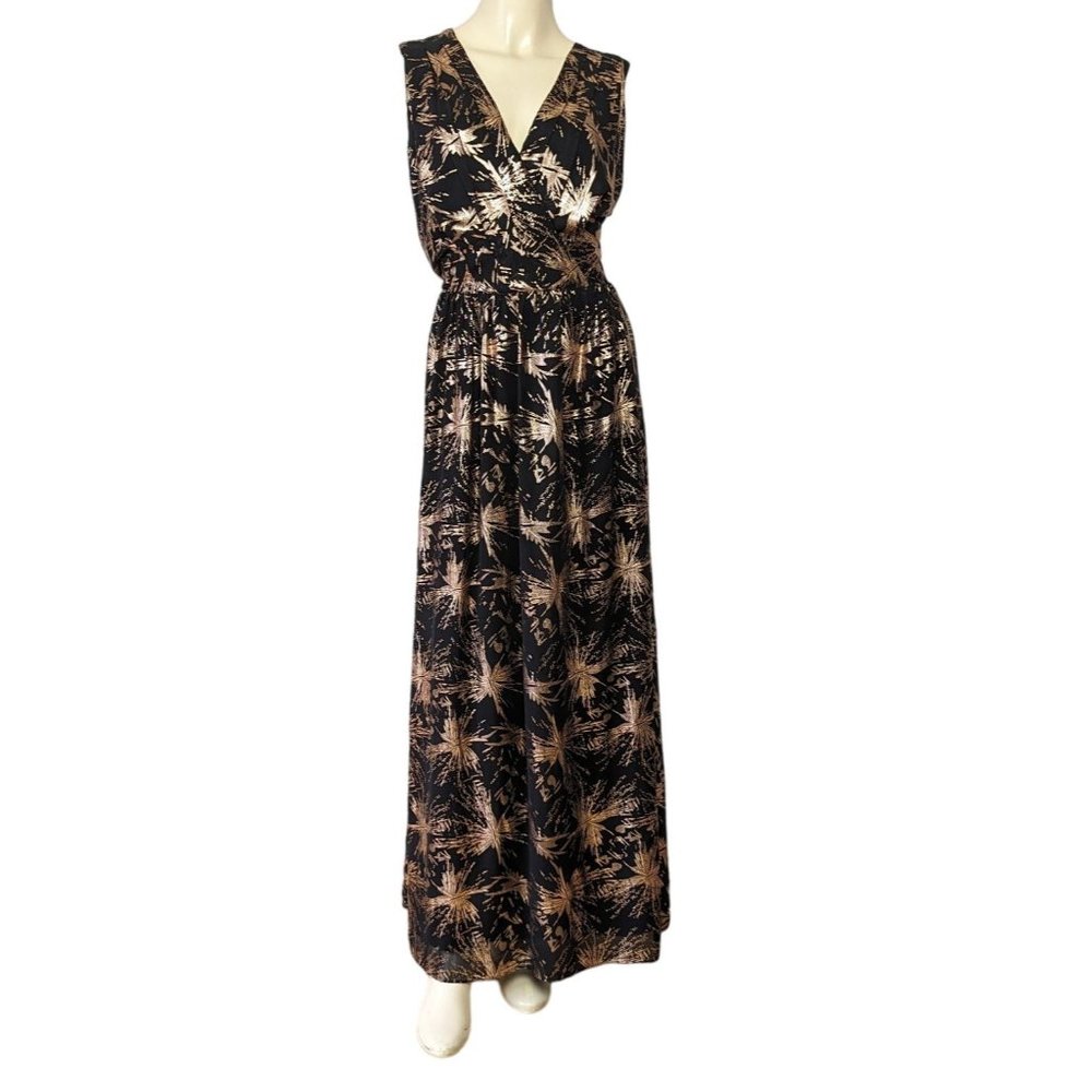 MAIA‎ sleeveless V neck black and rose gold abstract splash print Maxi dress 10